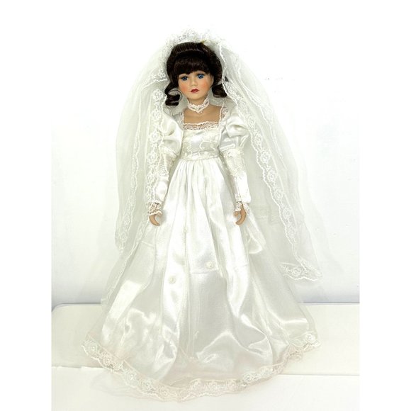 Bride Porcelain Doll Vintage 1980s 18” Brunette Blue Eyes Eyelashes Lace Veil - Picture 1 of 17